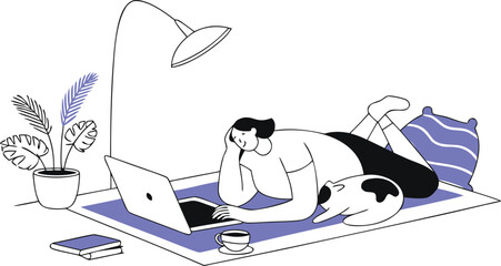 A woman working from home in a relaxed posture, lying on the floor with her cat isolated on transparent background, Vector