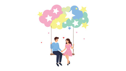 Love's Serenade: A tender couple sits together on a swing amidst a dreamy cloudscape filled with stars, exuding warmth, affection, and the sweet embrace of togetherness.