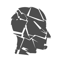 Broken head silhouette symbolizing mental health struggles. Symbol for PTSD, Alzheimer&rsquo;s disease, depression, stress, confusion, trauma, and emotional problems. Shattered man. Vector illustration. 