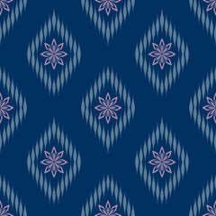 Elegant Floral Ikat Repeat Pattern in Navy Blue for Textiles, feminine textile design