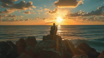 Video A person sits on a rock overlooking the vast ocean, providing a peaceful atmosphere