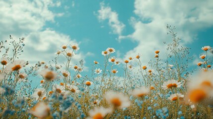 Idyllic Daisy Meadow with Serene Blue Skies and Fluffy White Clouds
