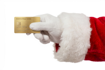 Santa Claus hand holding gold credit card, isolated on transparent background