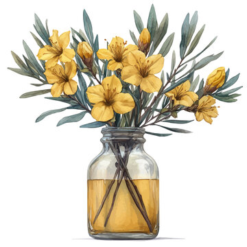watercolor of Carolina Jessamine In A Vase, vector, isolated on a white background.