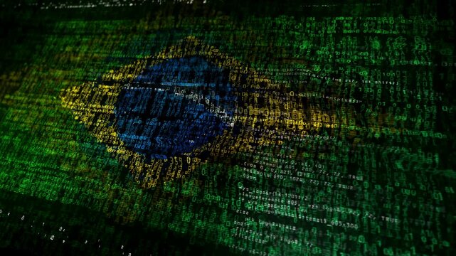 Brazil flag waving secure code. Brazilian blowing banner cyber security attack and hack concept animation.