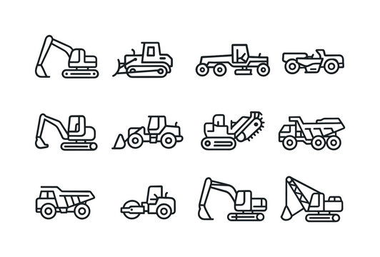 Earthmoving Machines Icons. Earthmoving Machines. Line icon set