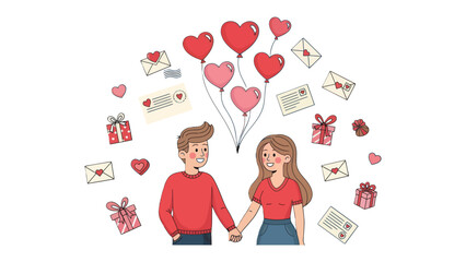 Romantic Togetherness: A couple standing, with heart balloons floating, celebrating the joy of love, enveloped by the symbols of affection. 