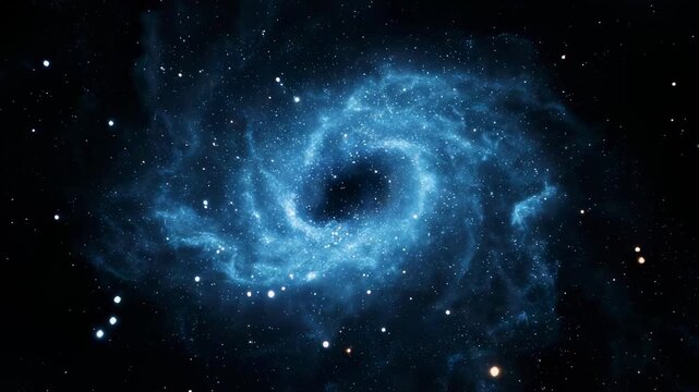 Deep blue swirling nebula with bright stars scattered across the black void of space