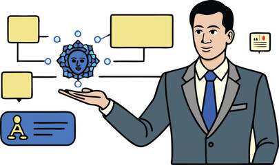 A professional businessman presenting complex data analysis or a technological concept isolated on transparent background, Vector