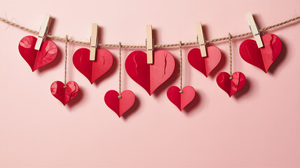 Various sizes of red paper hearts clipped to a rustic twine line against a soft pink background creating a lovely romantic display for celebrations