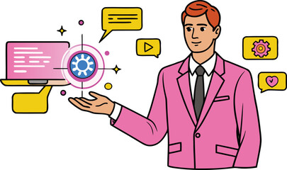 A professional presenting digital marketing and technology solutions with a laptop and icons isolated on transparent background, Vector