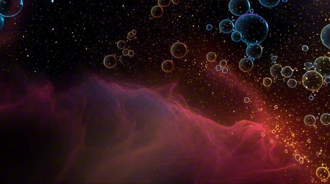 primary color paint bubble nebula, red blue yellow liquid spheres floating in cosmic space, smooth slow-motion collision, glowing swirl trails, macro fluid simulation, viscosity, vibrant light bloom
