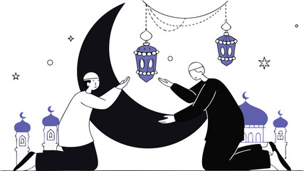 Illustrative depiction of two muslim men kneeling in prayer and supplication during a festive occasion isolated on transparent background, Vector