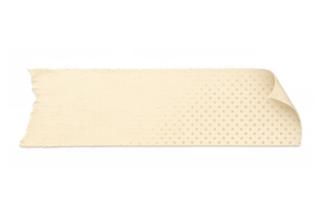 Beige adhesive tape piece with torn edges and curled corner on transparent background, isolation element for design