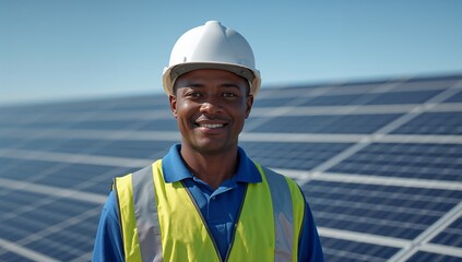 Smiling african american solar technician wearing a hard hat and safety vest stands proudly before a large array of photovoltaic panels under a clear blue sky