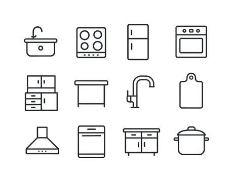 Kitchen Icons Grid. Kitchens. Line icon set of Kitchens: kitchen
