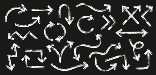 White Crayon and Chalk Doodle Arrows Collection - Rough Hand Drawn Texture Signs, Hand drawn Arrows Collection