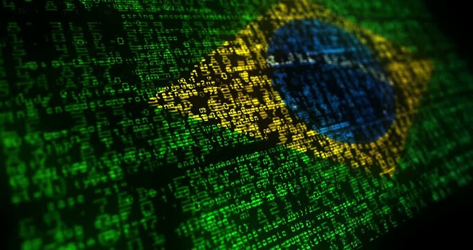 Brazil flag waving secure code. Brazilian blowing banner cyber security attack and hack concept animation.