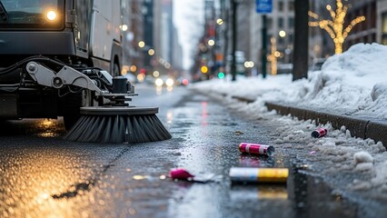 Street cleaning machine clearing litter and snow on city road at dusk