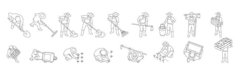 CAD style farmer and gardening vector drawing line icon set &ndash; editable outline symbols of agriculture, planting, harvesting, raking, watering, and carrying produce outline figures