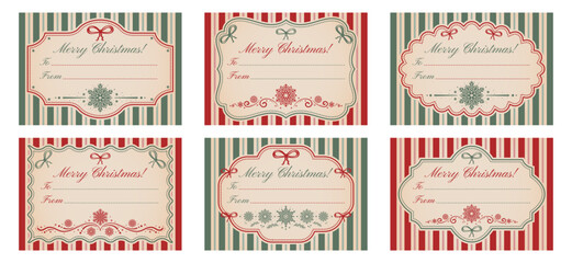 A set of blank retro templates for personalized Christmas gift tags and stickers. Vintage frames on a striped background, snowflakes, and bows. Red and green colors. "From and to" design. Vector illus