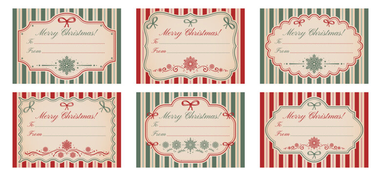 A set of blank retro templates for personalized Christmas gift tags and stickers. Vintage frames on a striped background, snowflakes, and bows. Red and green colors. "From and to" design. Vector illus