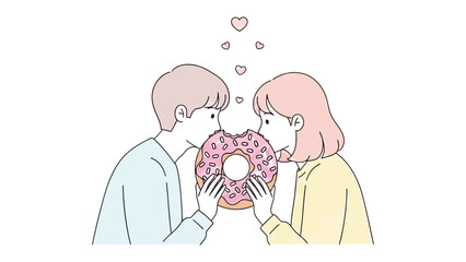 Love Bites: A tender moment as two individuals share a donut, hearts floating above, symbolizing connection and sweetness.