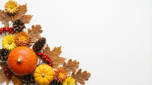 Autumn Corner Decoration with Pumpkins, Yellow Mums, and Dried Leaves on White Background.