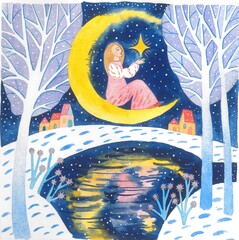 Watercolor illustration of an angel sitting on the moon and holding a star in his hand.