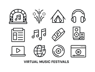 Virtual Festival Icons. Virtual music festivals. Line icon set o