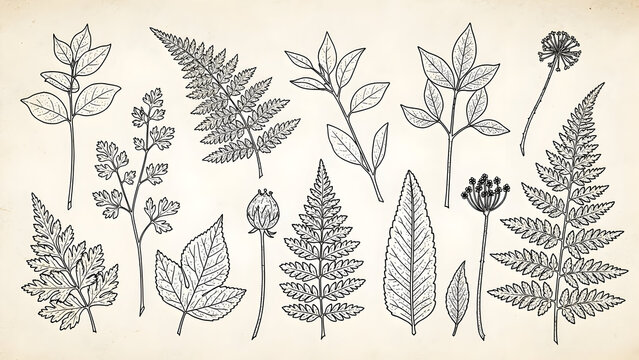 Intricate Hand-drawn Illustrations of Various Leaves and Ferns for Nature Lovers