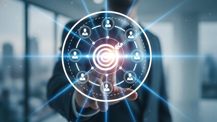 A futuristic businessman interacts with a holographic interface in a modern office setting with innovative technology and networking concepts