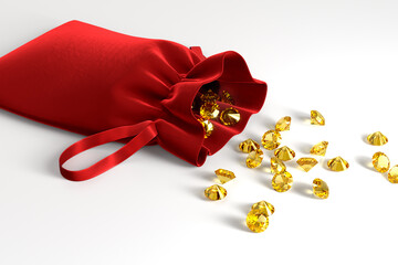 Velvet red bag with a scattering of topazes on a white background. Exhibition of precious stones. Jewelry industry. 3d rendering.