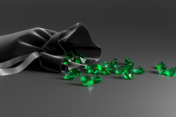 Velvet black bag with a scattering of emeralds on a dark background. Exhibition of precious stones. Jewelry industry. Close-up. 3d rendering.