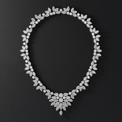 A luxurious diamond necklace on a leather stand. Vintage style. Top view. Jewelry showcase. 3d rendering.