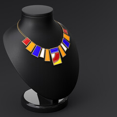 An unusual bronze and enamel necklace on a leather stand in the shape of a bust. Side view. Suprematist style. Jewelry showcase. 3d rendering.