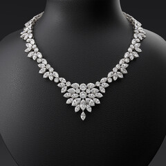 Luxurious diamond necklace on a leather bust stand. Close-up. Jewelry showcase. Frontal view. 3d rendering.
