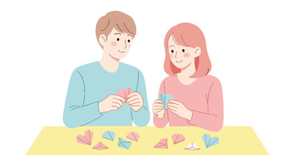 Harmony through Paper: A tender moment captured as a couple folds paper hearts, immersed in a moment of tranquility and creative connection, symbolized by their shared artistry.