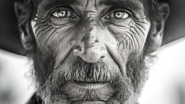 A close-up shot of a bearded man with aged skin and wrinkles.