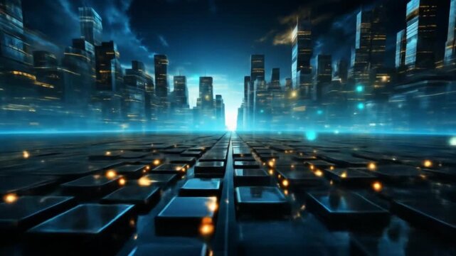 Futuristic digital city with glowing golden lights and grid floor. Perfect for smart city and urbanization concepts