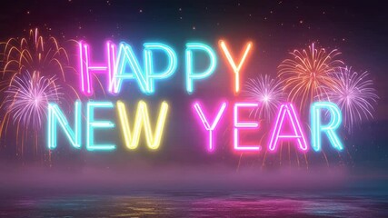Vibrant neon 'Happy New Year' text illuminated against a night sky filled with colorful fireworks and reflections on water. - Powered by Adobe