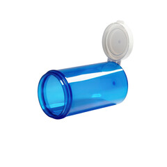 Blue plastic prescription pill bottle with white flip top cap open isolated on transparent background