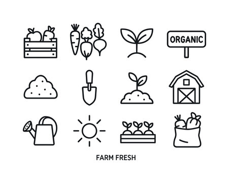 Farm Icon Set. Farm Fresh. Line icon set of Farm Fresh: farm cra