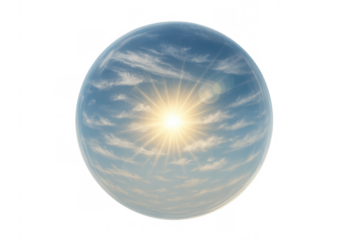 Glass sphere reflecting blue sky with bright sun and clouds, creating a vibrant environmental and global concept
