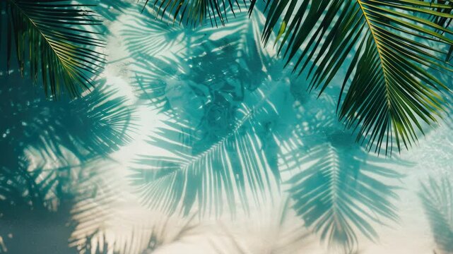 A tropical beach scene with palm tree shadows on the sand and a blue sky background. Perfect for travel or vacation-related content.