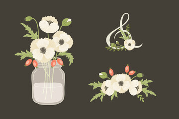Vintage floral illustration set with anemone flowers glass jar bouquet and decorative botanical elements