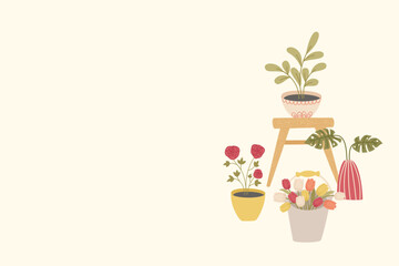 Spring houseplant illustration with potted flowers wooden stool and cozy indoor garden decor