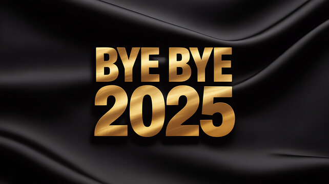 Bye bye 2025 golden inscription on black fabric new year's eve celebration welcome happy 2026 greetings, congratulatory, awards achievement - Powered by Adobe