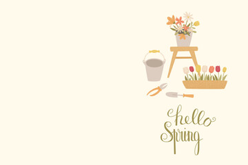 Hello spring illustration with potted flowers gardening tools tulips basket and cozy seasonal lettering