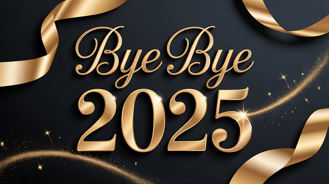 Elegant bye bye 2025 celebration background golden ribbons decorations festive goodbye year decoration party resolution illustration